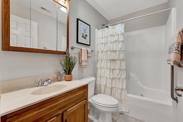 bathroom with tile patterned flooring, visible vents, toilet, vanity, and shower / bathtub combination with curtain