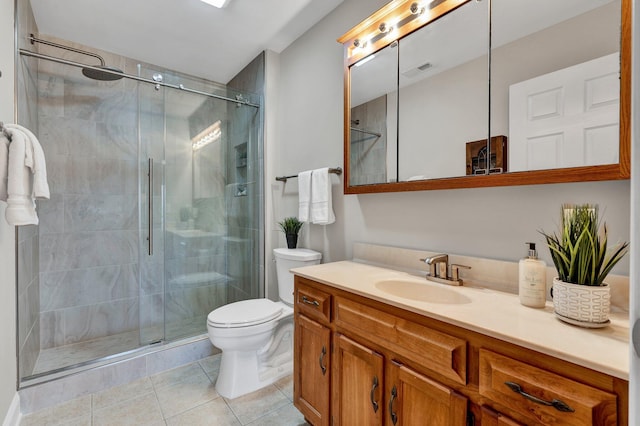 full bathroom featuring vanity, visible vents, tile patterned flooring, a shower stall, and toilet