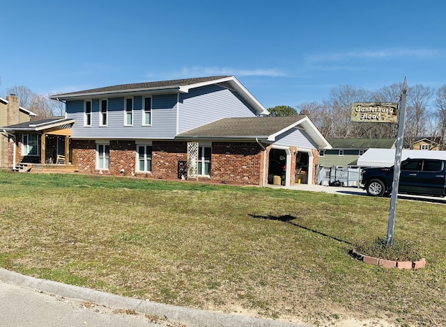 view of front facade with brick siding, an attached garage, concrete driveway, and a front lawn