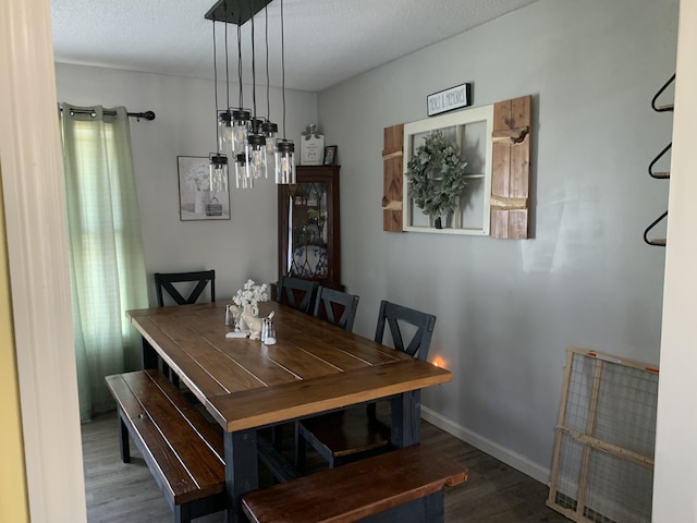 dining room with wood finished floors, baseboards, and a textured ceiling