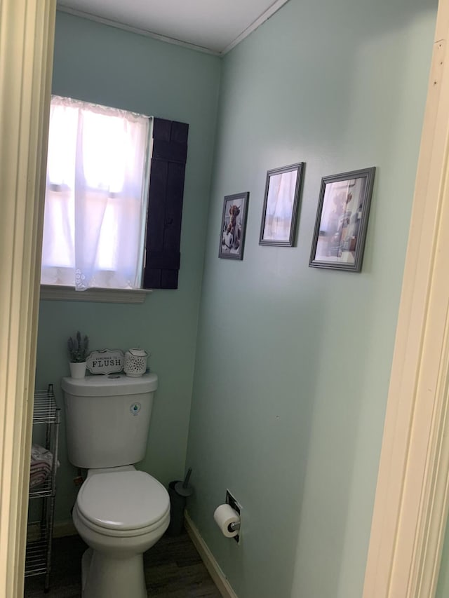 bathroom with baseboards, toilet, and wood finished floors