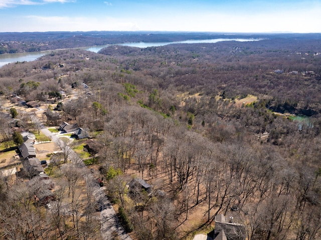 drone / aerial view with a water view and a wooded view