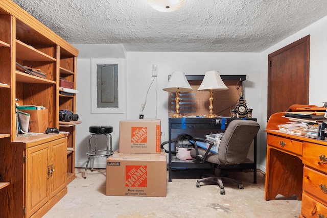 home office featuring electric panel, unfinished concrete floors, and a textured ceiling