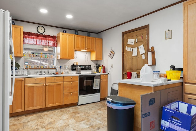 kitchen with ornamental molding, light countertops, a sink, and electric range