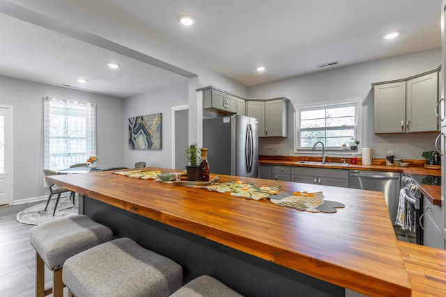 4513 Lamont Ln, Chattanooga, TN 37415 - kitchen featuring recessed lighting, a sink, gray cabinetry, appliances with stainless steel finishes, and butcher block counters