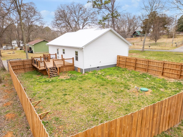 view of yard featuring a fenced backyard and a deck