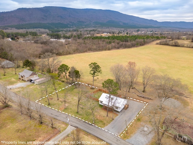 birds eye view of property featuring a mountain view and a rural view