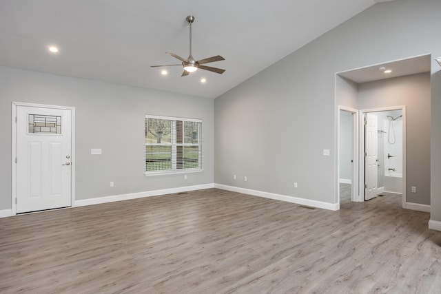 unfurnished living room with visible vents, baseboards, a ceiling fan, wood finished floors, and recessed lighting