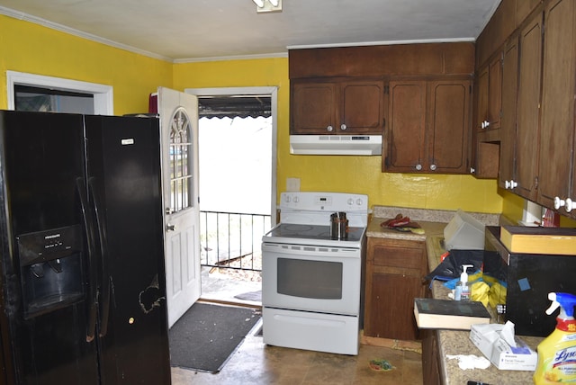 kitchen with ornamental molding, black fridge, under cabinet range hood, white electric range oven, and light countertops