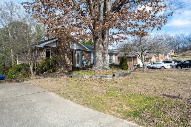 ranch-style home featuring a front yard and brick siding