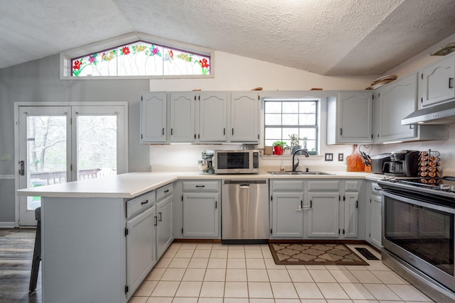 kitchen featuring lofted ceiling, a peninsula, stainless steel appliances, under cabinet range hood, and a sink