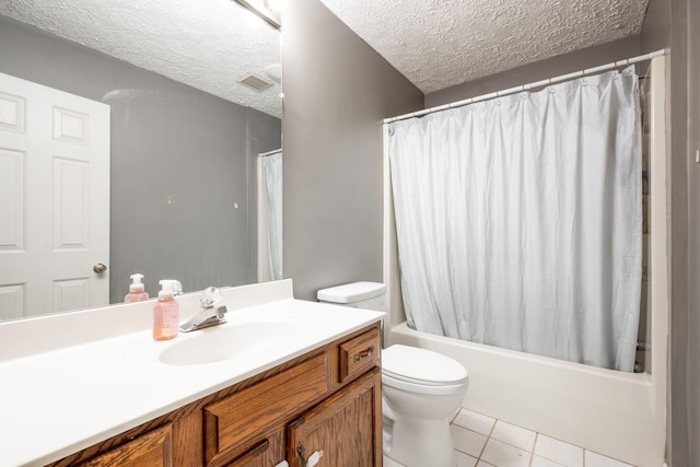 bathroom featuring visible vents, toilet, tile patterned flooring, shower / bathtub combination with curtain, and vanity