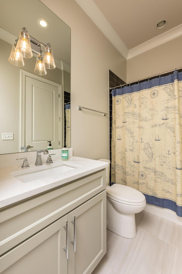 bathroom featuring tile patterned flooring, crown molding, toilet, a shower with curtain, and vanity