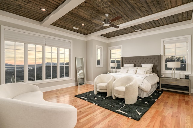 bedroom featuring beamed ceiling, multiple windows, wooden ceiling, and wood finished floors