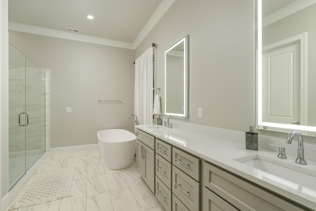 bathroom featuring visible vents, marble finish floor, ornamental molding, and a sink