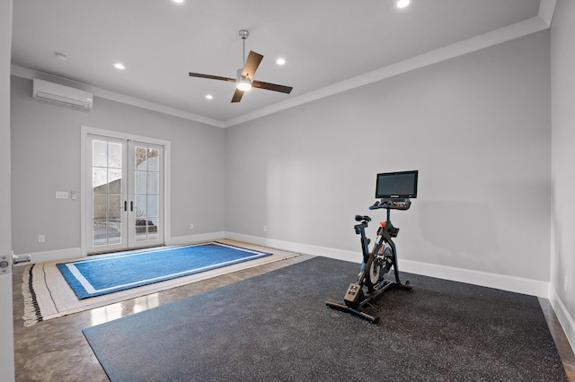 workout room with an AC wall unit, recessed lighting, baseboards, and ornamental molding