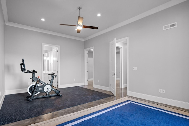 exercise area featuring visible vents, ornamental molding, recessed lighting, baseboards, and ceiling fan