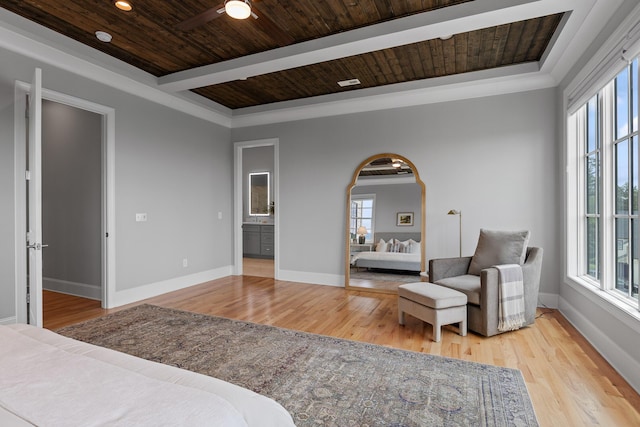 1109 Meroney St, Chattanooga, TN 37405 - bedroom with wood finished floors, arched walkways, a wooden ceiling with exposed beams, crown molding, and connected bathroom