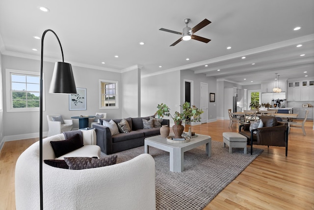1109 Meroney St, Chattanooga, TN 37405 - living area with recessed lighting, light wood-type flooring, ceiling fan, and ornamental molding