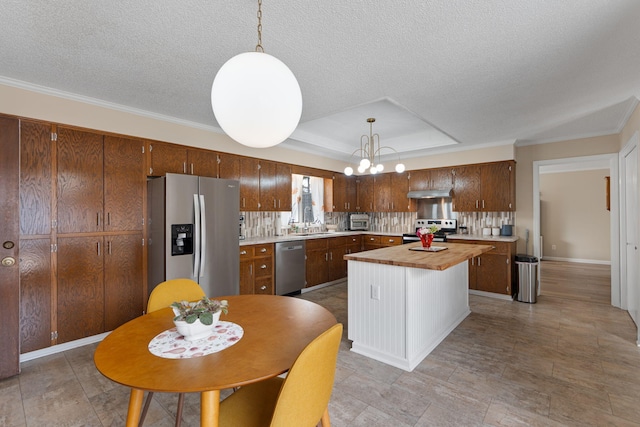 kitchen with decorative backsplash, wood counters, a tray ceiling, stainless steel appliances, and under cabinet range hood