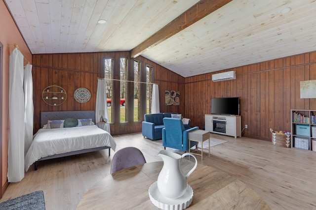 bedroom with lofted ceiling with beams, wood walls, wood ceiling, light wood-style floors, and a wall mounted air conditioner