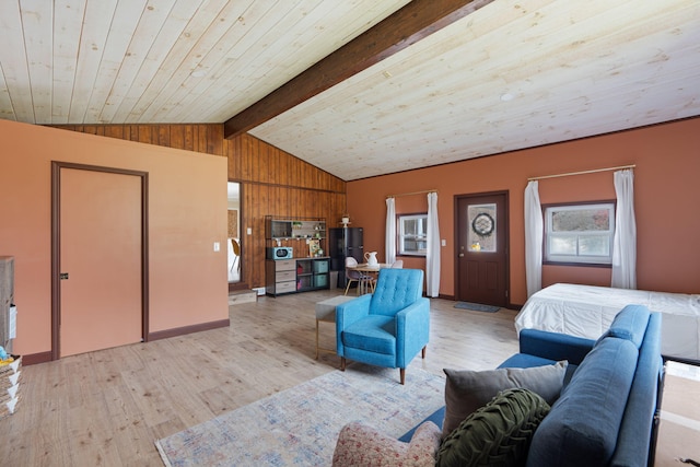 unfurnished living room with lofted ceiling with beams, light wood finished floors, wooden ceiling, and wood walls