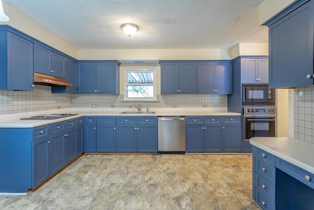 kitchen featuring black appliances, blue cabinets, under cabinet range hood, and a sink