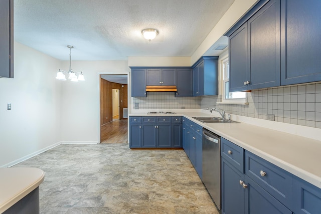 kitchen featuring a sink, blue cabinets, stainless steel dishwasher, and backsplash