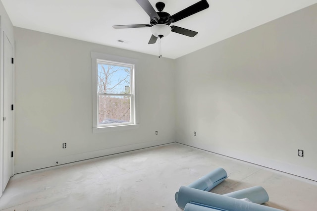 empty room with visible vents and ceiling fan