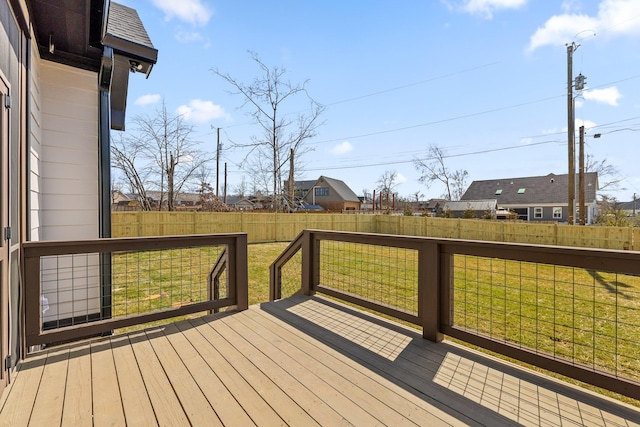 wooden terrace with a fenced backyard and a lawn