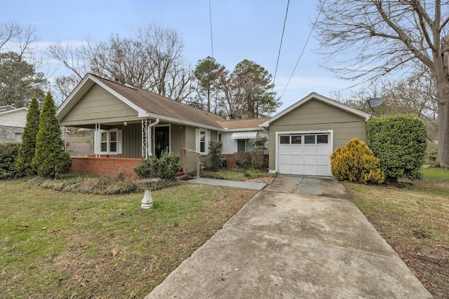 view of front of property with an attached garage, brick siding, driveway, a front lawn, and board and batten siding