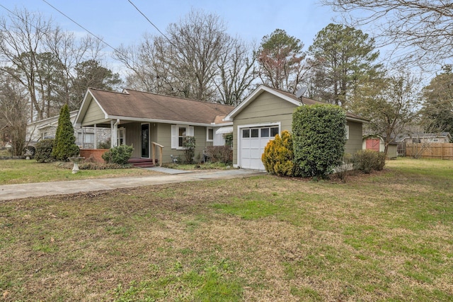 ranch-style house with an attached garage, driveway, a front yard, and fence