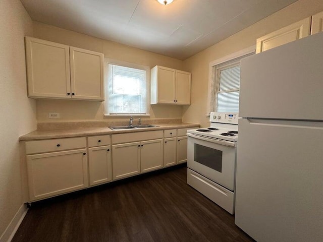 kitchen featuring white appliances, dark wood-style floors, white cabinetry, and a sink