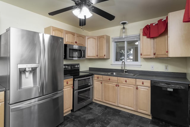 kitchen featuring light brown cabinets, a sink, dark countertops, stainless steel appliances, and ceiling fan