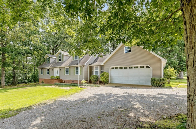 cape cod-style house featuring driveway, a garage, roof with shingles, crawl space, and a front lawn