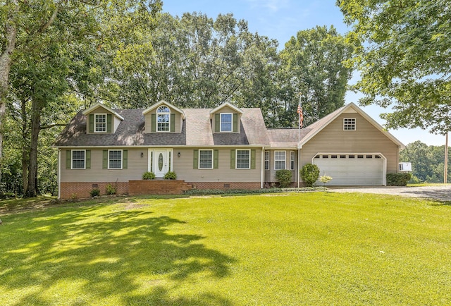 cape cod-style house featuring a garage, driveway, crawl space, roof with shingles, and a front lawn