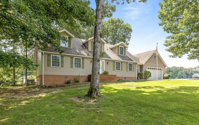 cape cod home featuring a front lawn, crawl space, an attached garage, and central AC unit