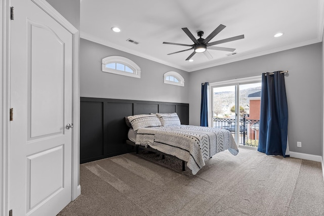 bedroom featuring visible vents, carpet floors, access to exterior, wainscoting, and crown molding