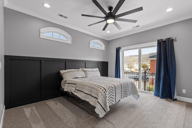 bedroom featuring crown molding, access to outside, visible vents, and carpet floors