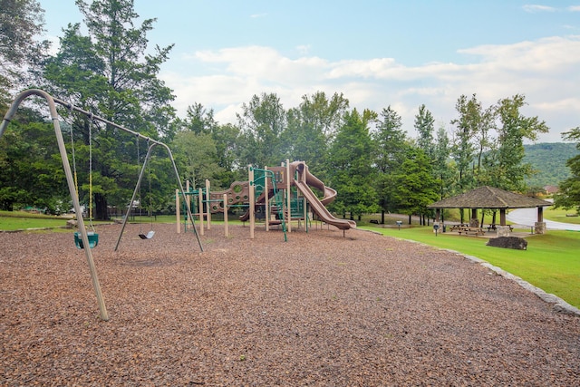 community jungle gym with a gazebo and a lawn