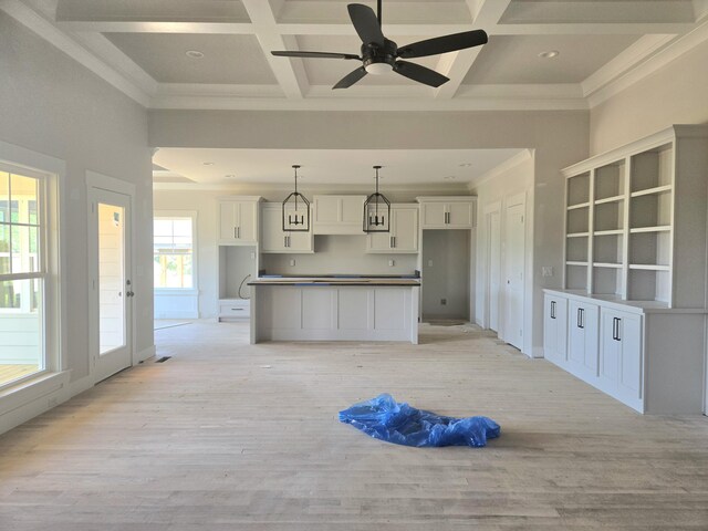 10634 Flicker Way Unit 119, Apison, TN 37302 - kitchen featuring white cabinetry, coffered ceiling, light wood-style flooring, decorative light fixtures, and beamed ceiling