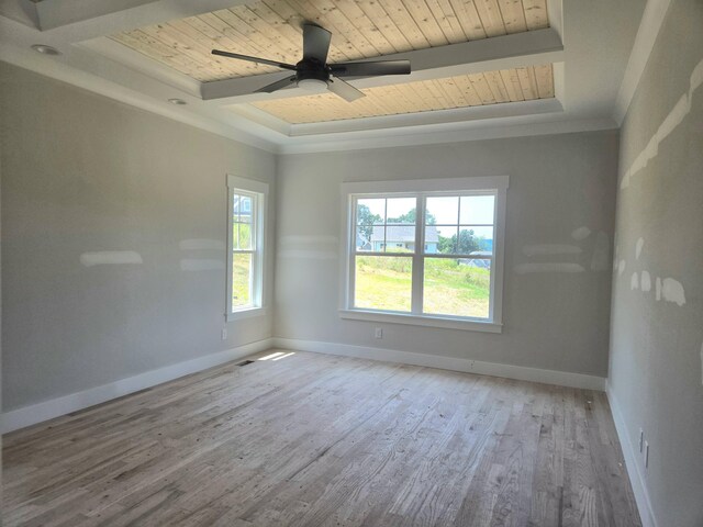 10634 Flicker Way Unit 119, Apison, TN 37302 - empty room with wooden ceiling, wood finished floors, a tray ceiling, ceiling fan, and ornamental molding