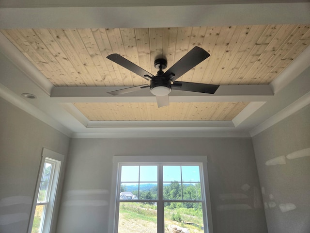 10634 Flicker Way Unit 119, Apison, TN 37302 - detailed view of a wooden ceiling with exposed beams, ceiling fan, ornamental molding, and a raised ceiling