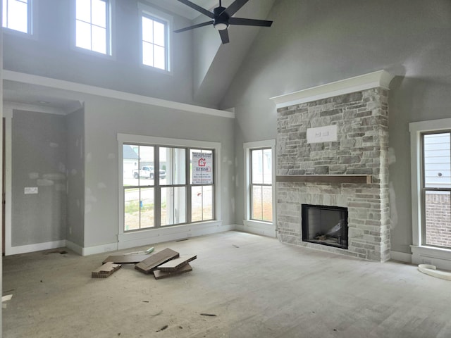10630 Flicker Way Unit 120, Apison, TN 37302 - unfurnished living room featuring high vaulted ceiling, a fireplace, and a ceiling fan