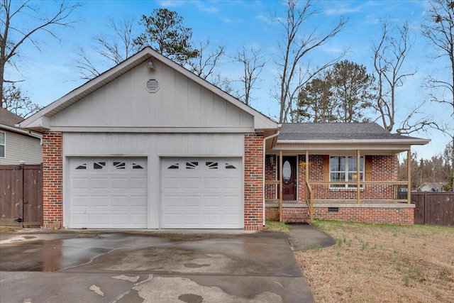 single story home with crawl space, covered porch, an attached garage, fence, and brick siding