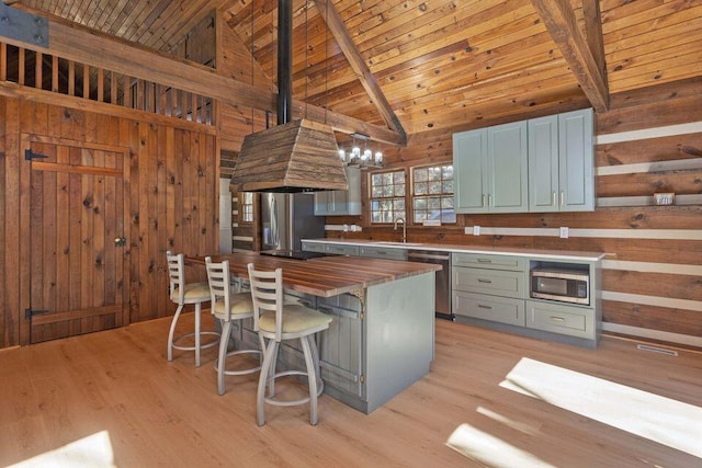 kitchen with wood ceiling, butcher block countertops, appliances with stainless steel finishes, wood walls, and a sink