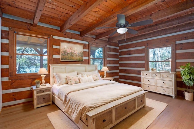 bedroom with light wood-type flooring, wood ceiling, and wooden walls