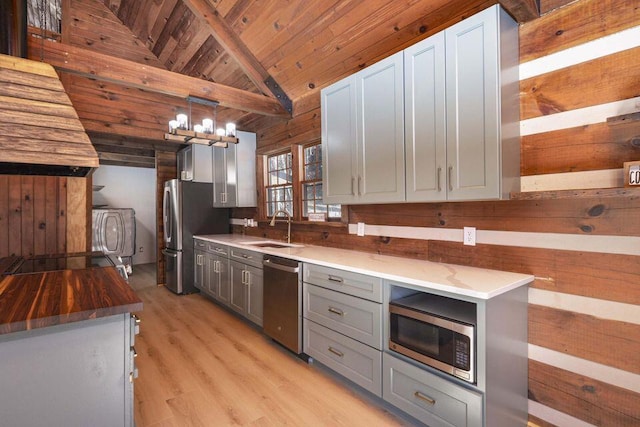 kitchen with stainless steel appliances, butcher block counters, gray cabinetry, a sink, and separate washer and dryer