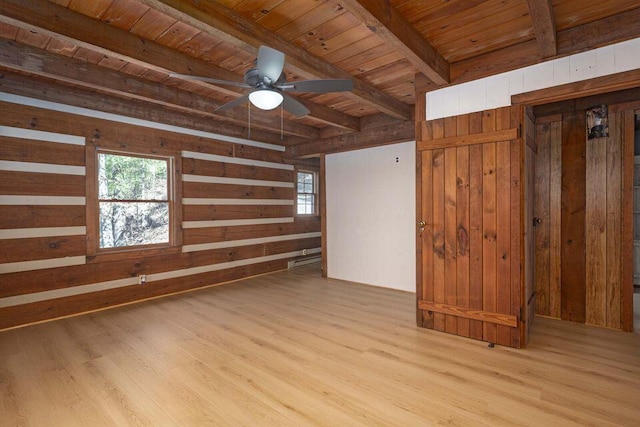 empty room with ceiling fan, wooden walls, wood finished floors, wood ceiling, and beam ceiling