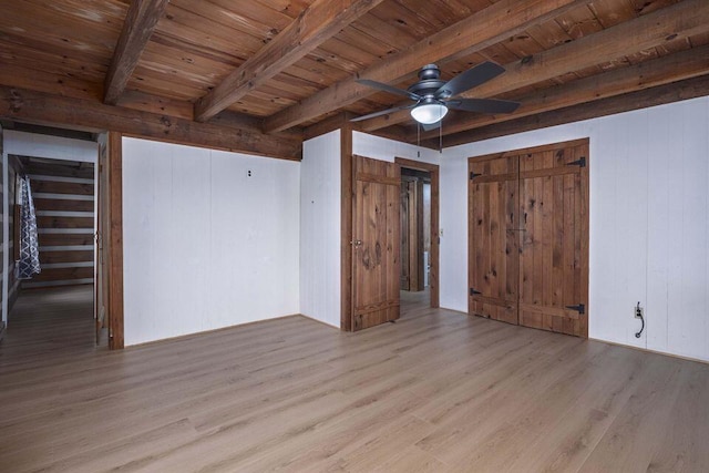 unfurnished bedroom featuring wooden ceiling, beam ceiling, and wood finished floors